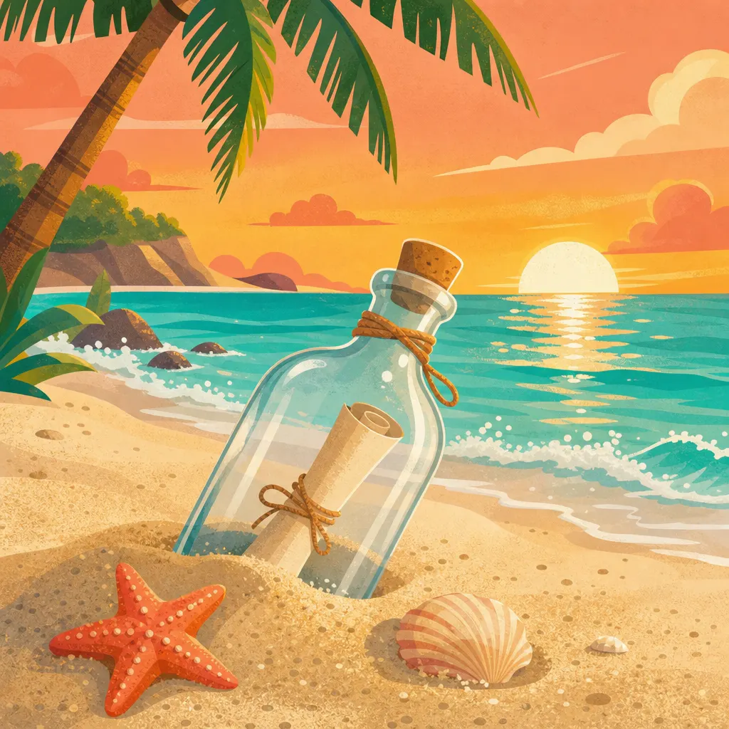 A message in a bottle half buried in the sand, with a starfish and a seashell