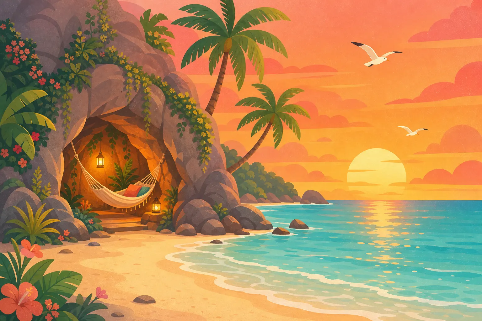 A cosy cave with a hammock and lanterns on a tropical beach at sunset, with palm trees and a turquoise sea